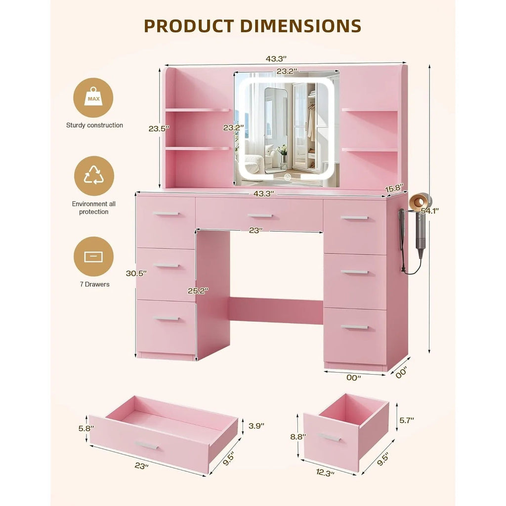 Large Makeup Vanity Desk. Pink, 43.3'Wx15.7'Dx53.2'H (Samrt LED Mirror, 4 Open Shelves, 7 Drawers, Hairdryer Rack, Power - Outet) - Recipeliebe.com