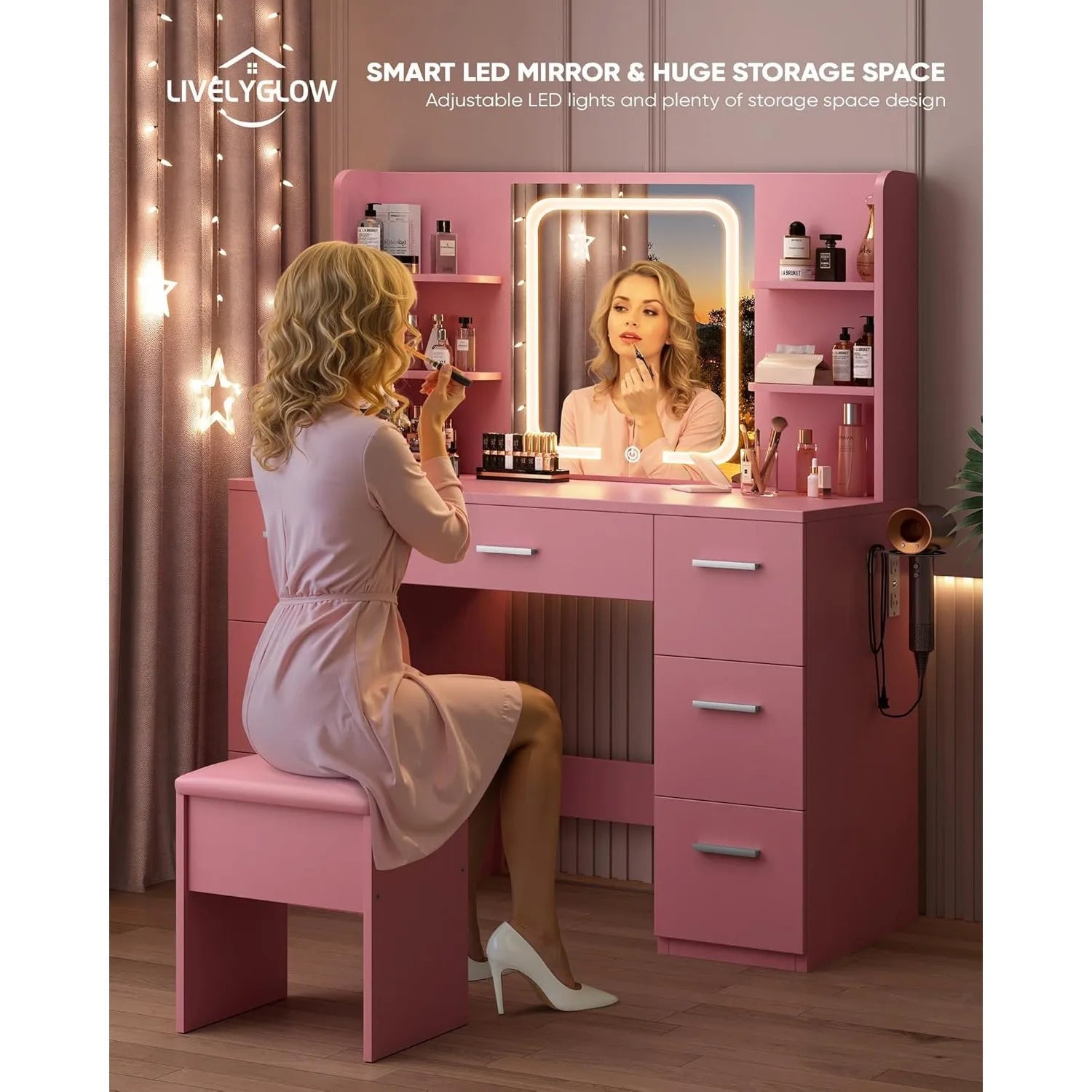Large Makeup Vanity Desk. Pink, 43.3'Wx15.7'Dx53.2'H (Samrt LED Mirror, 4 Open Shelves, 7 Drawers, Hairdryer Rack, Power - Outet) - Recipeliebe.com
