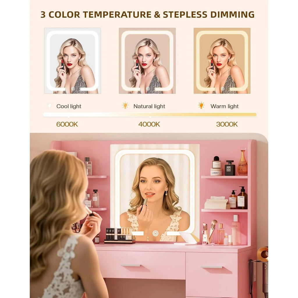 Large Makeup Vanity Desk. Pink, 43.3'Wx15.7'Dx53.2'H (Samrt LED Mirror, 4 Open Shelves, 7 Drawers, Hairdryer Rack, Power - Outet) - Recipeliebe.com