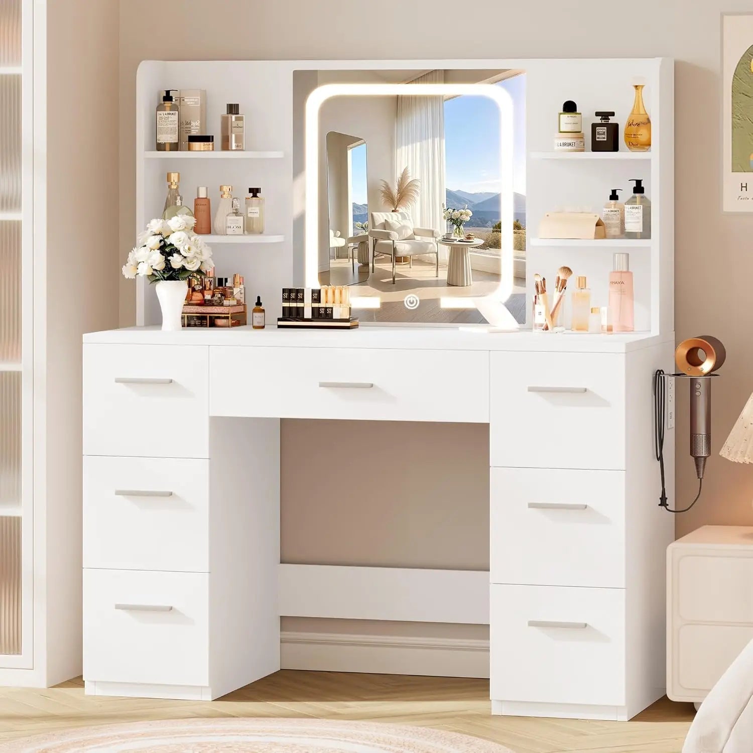 Large Makeup Vanity Desk. Pink, 43.3'Wx15.7'Dx53.2'H (Samrt LED Mirror, 4 Open Shelves, 7 Drawers, Hairdryer Rack, Power - Outet) - Recipeliebe.com