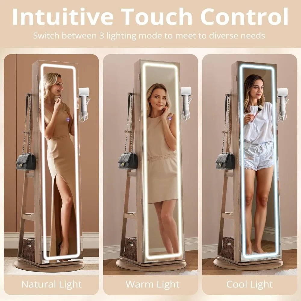 LED Mirror Jewelry Cabinet Standing, 360° Swivel Lockable Jewelry Armoire with Full Length Mirror and Adjustable LED Lights - Bakesbyemily.com