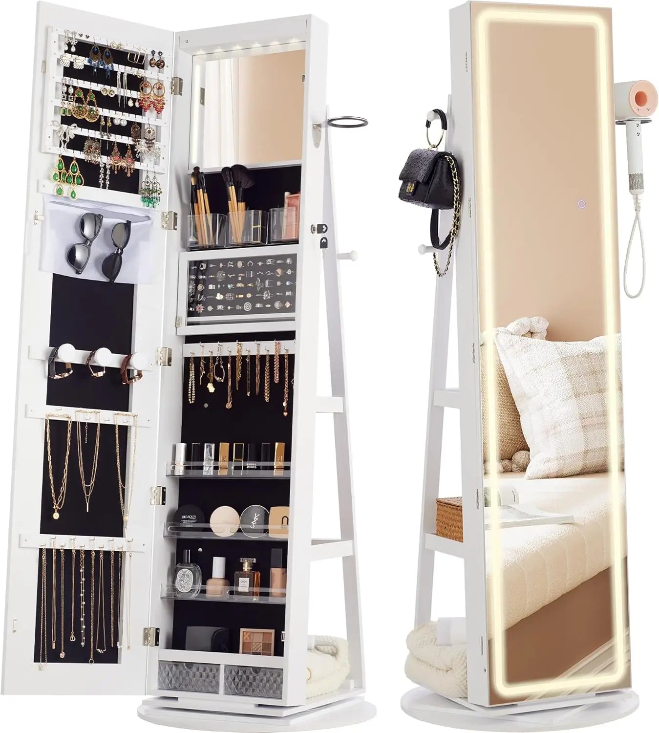LED Mirror Jewelry Cabinet Standing, 360° Swivel Lockable Jewelry Armoire with Full Length Mirror and Adjustable LED Lights - Bakesbyemily.com