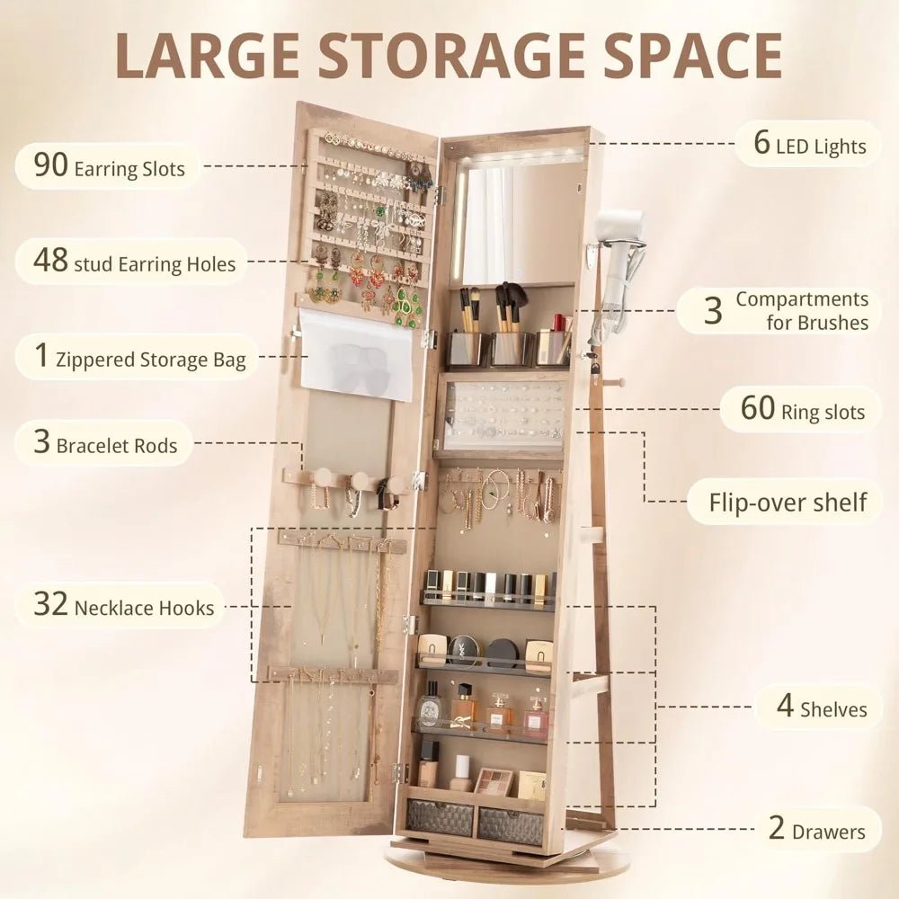 LED Mirror Jewelry Cabinet Standing, 360° Swivel Lockable Jewelry Armoire with Full Length Mirror and Adjustable LED Lights - Bakesbyemily.com