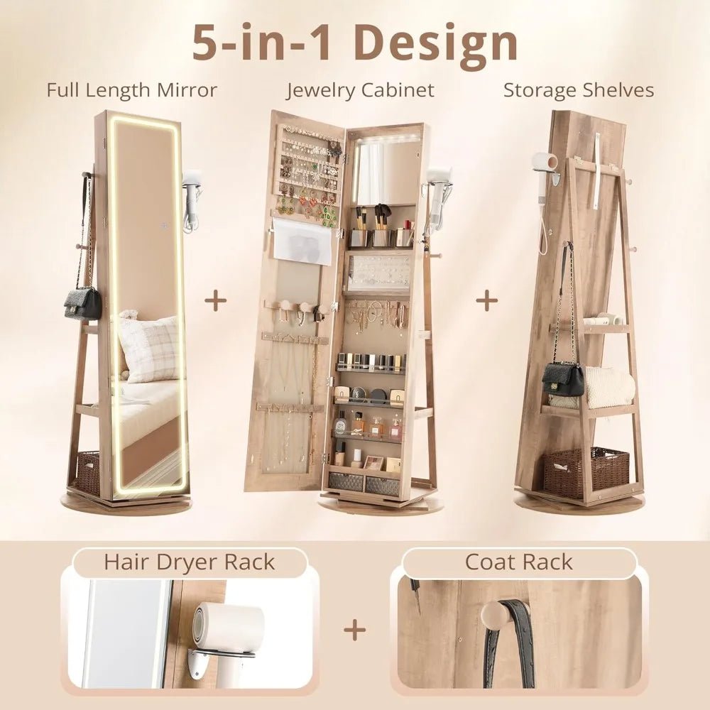 LED Mirror Jewelry Cabinet Standing, 360° Swivel Lockable Jewelry Armoire with Full Length Mirror and Adjustable LED Lights - Bakesbyemily.com