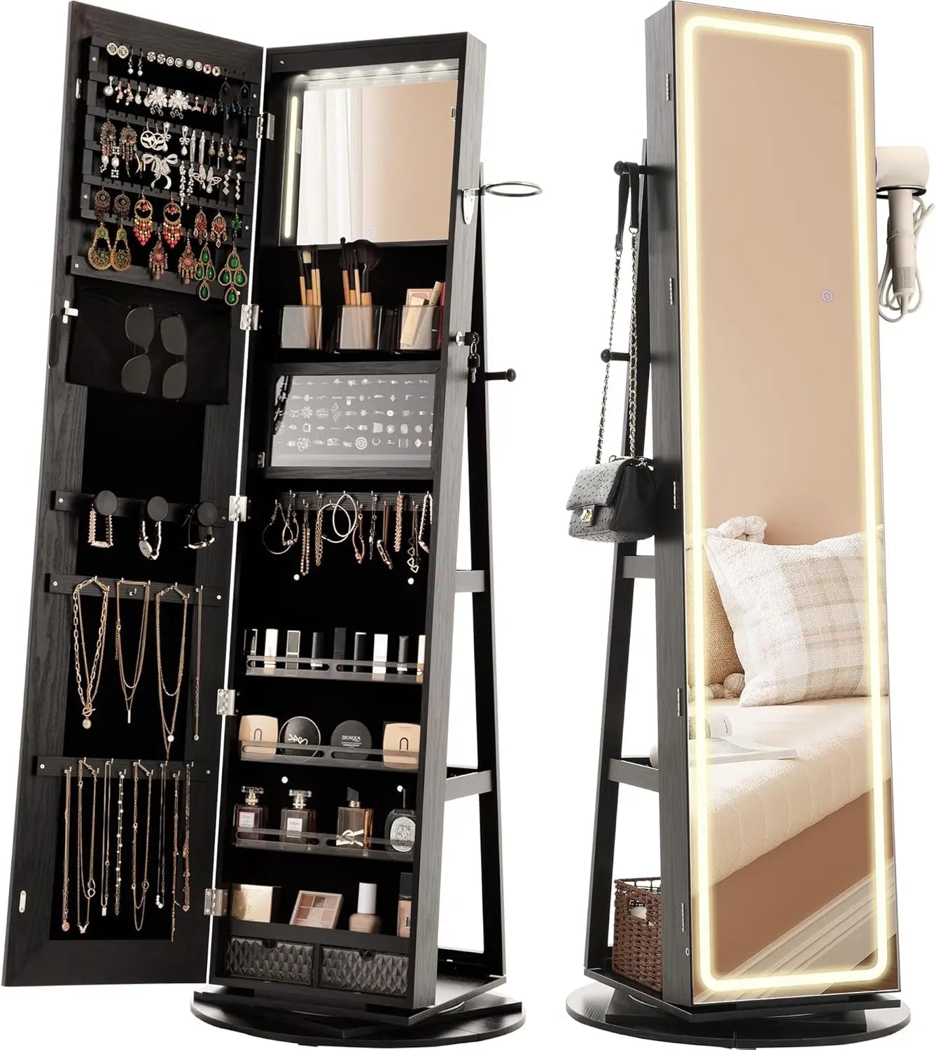 LED Mirror Jewelry Cabinet Standing, 360° Swivel Lockable Jewelry Armoire with Full Length Mirror and Adjustable LED Lights - Bakesbyemily.com