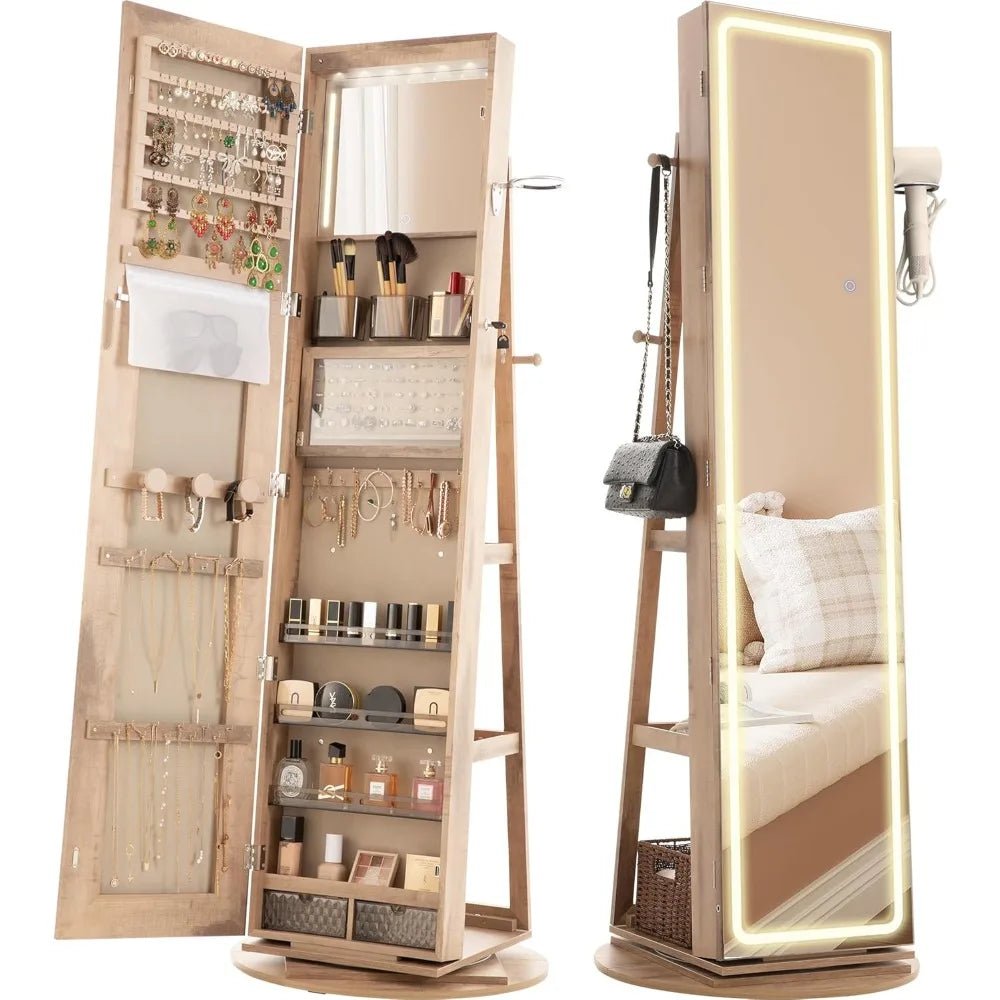 LED Mirror Jewelry Cabinet Standing, 360° Swivel Lockable Jewelry Armoire with Full Length Mirror and Adjustable LED Lights - Bakesbyemily.com