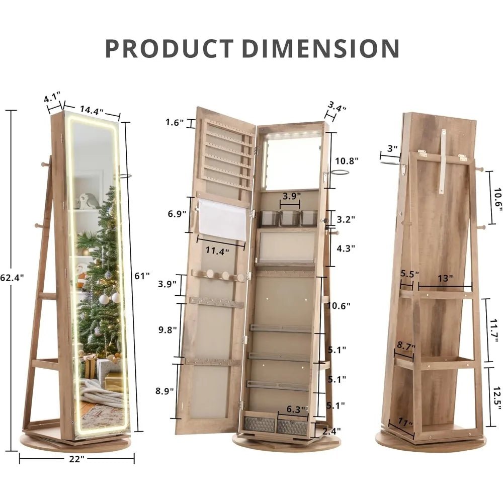 LED Mirror Jewelry Cabinet Standing, 360° Swivel Lockable Jewelry Armoire with Full Length Mirror and Adjustable LED Lights - Bakesbyemily.com