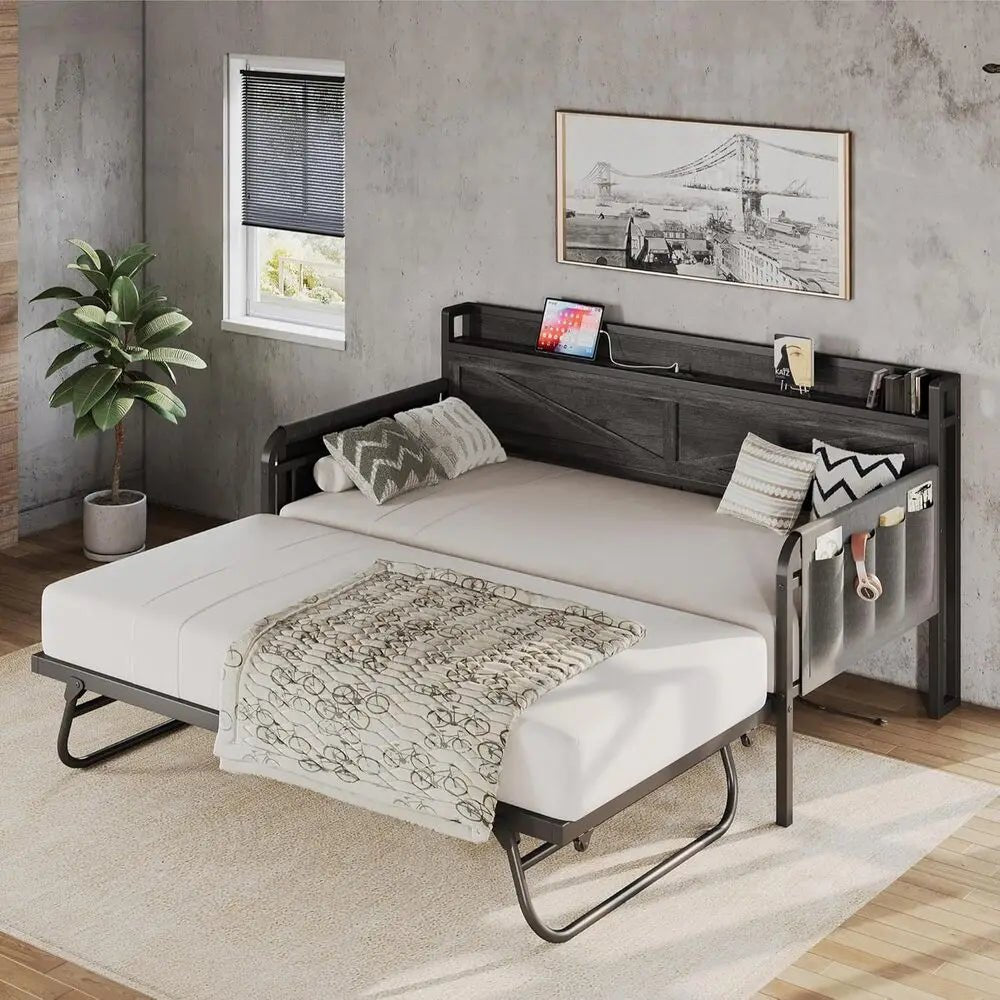 LIKIMIO Twin Daybed with Trundle Bed, Storage Headboard with Charging USB Station, Sofa Day Bed with Strong Supports for Bedroom - Recipeliebe.com