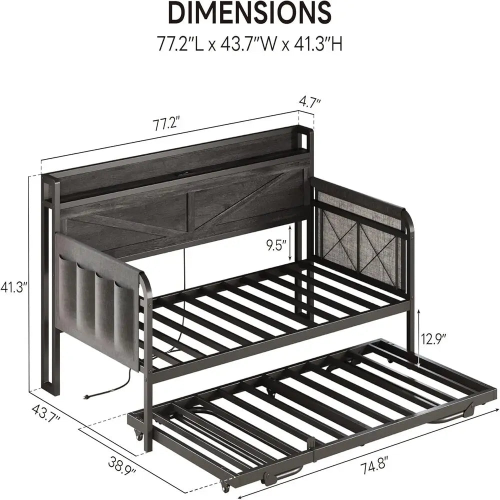 LIKIMIO Twin Daybed with Trundle Bed, Storage Headboard with Charging USB Station, Sofa Day Bed with Strong Supports for Bedroom - Recipeliebe.com