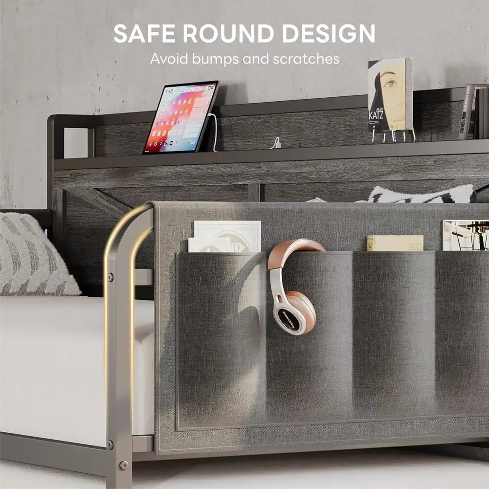 LIKIMIO Twin Daybed with Trundle Bed, Storage Headboard with Charging USB Station, Sofa Day Bed with Strong Supports for Bedroom - Recipeliebe.com