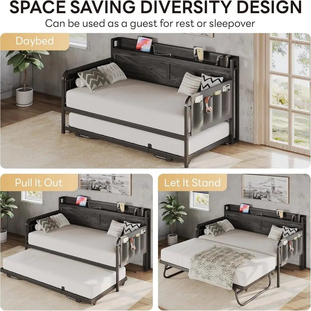 LIKIMIO Twin Daybed with Trundle Bed, Storage Headboard with Charging USB Station, Sofa Day Bed with Strong Supports for Bedroom - Recipeliebe.com