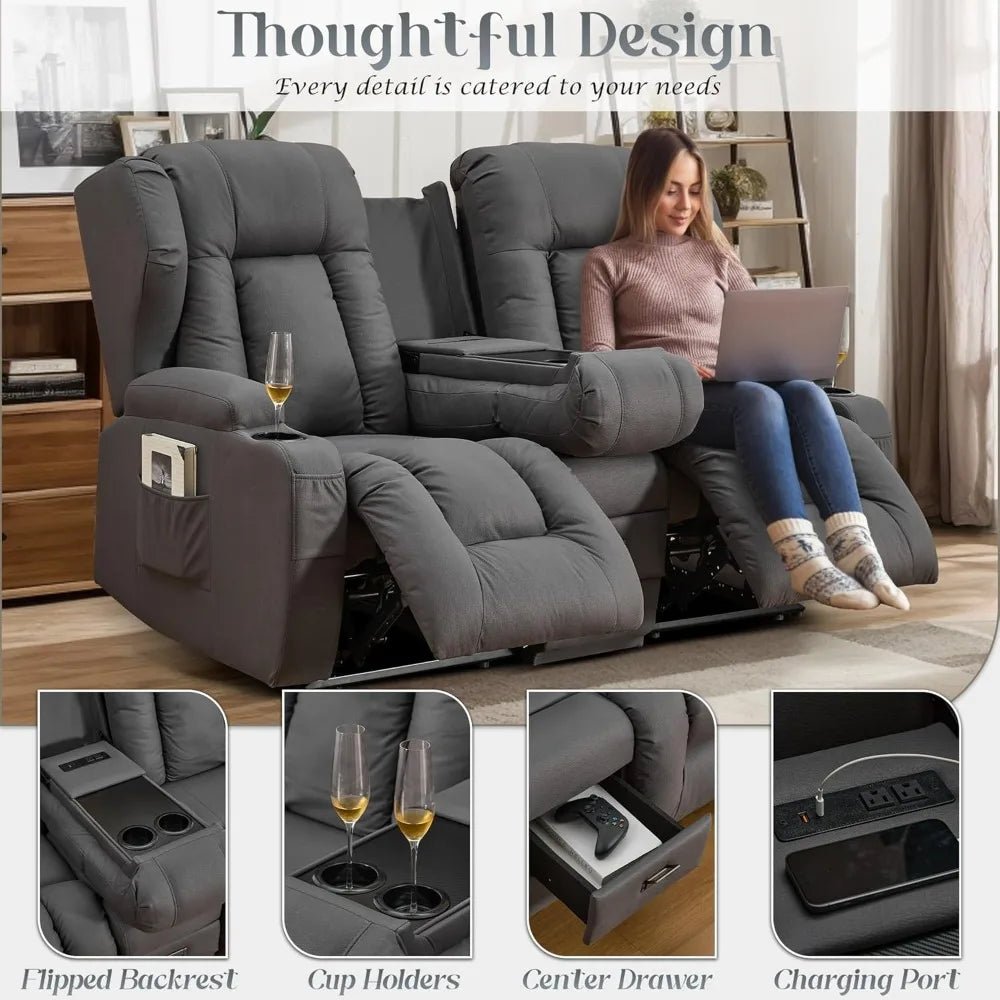 Loveseat Recliner Sofa - Flipped Backrest Console, Cup Holders, Side Pockets, Pillows, Drawers, Outlets - Recipeliebe.com