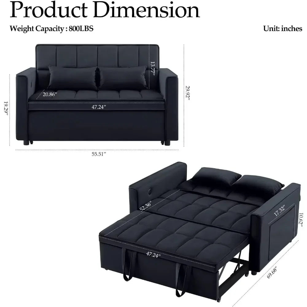 Modern 3 - in - 1 Velvet Sleeper Sofa - USB, Adjustable, Loveseat - Bakesbyemily.com