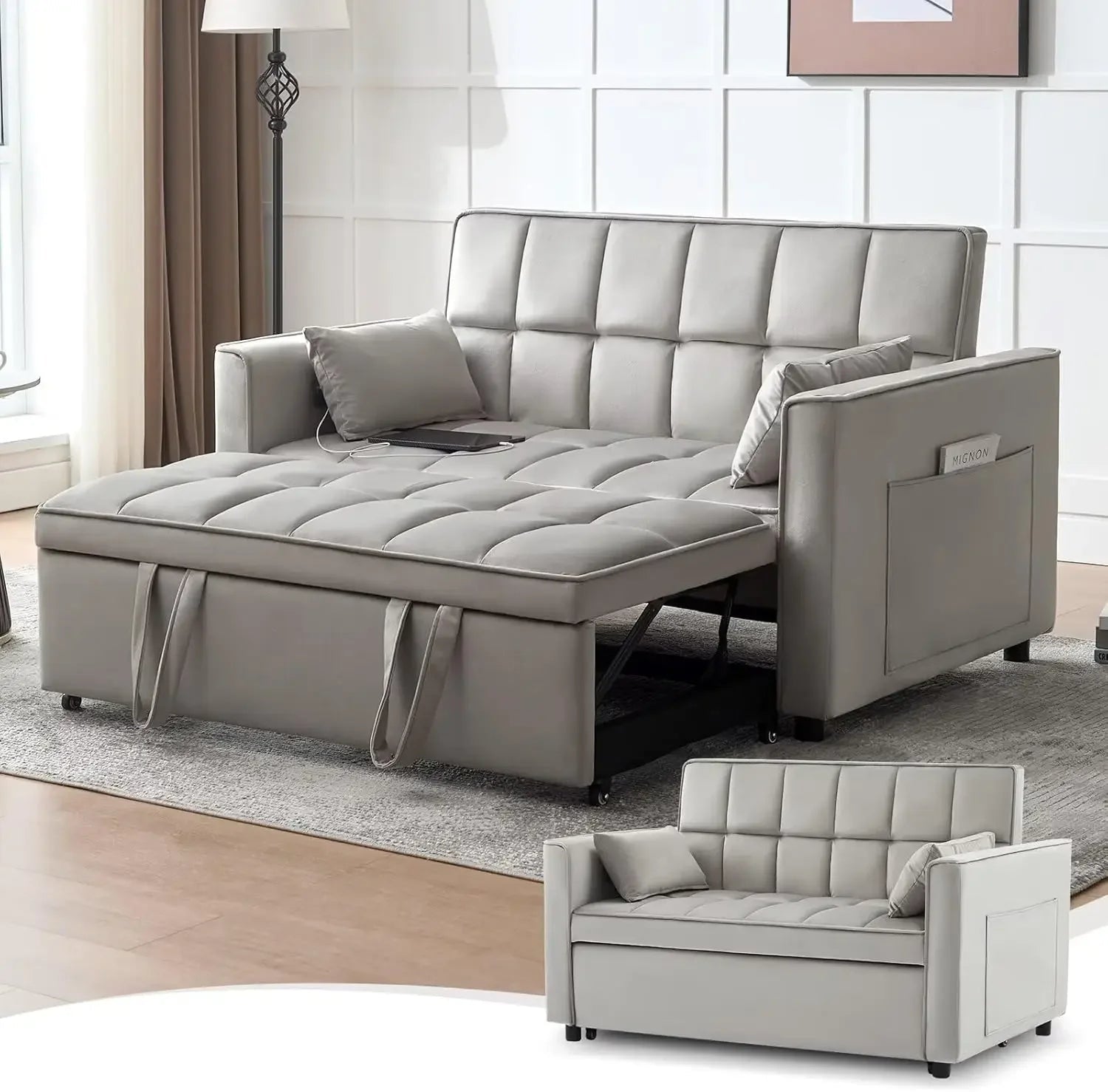 Modern 3 - in - 1 Velvet Sleeper Sofa - USB, Adjustable, Loveseat - Bakesbyemily.com