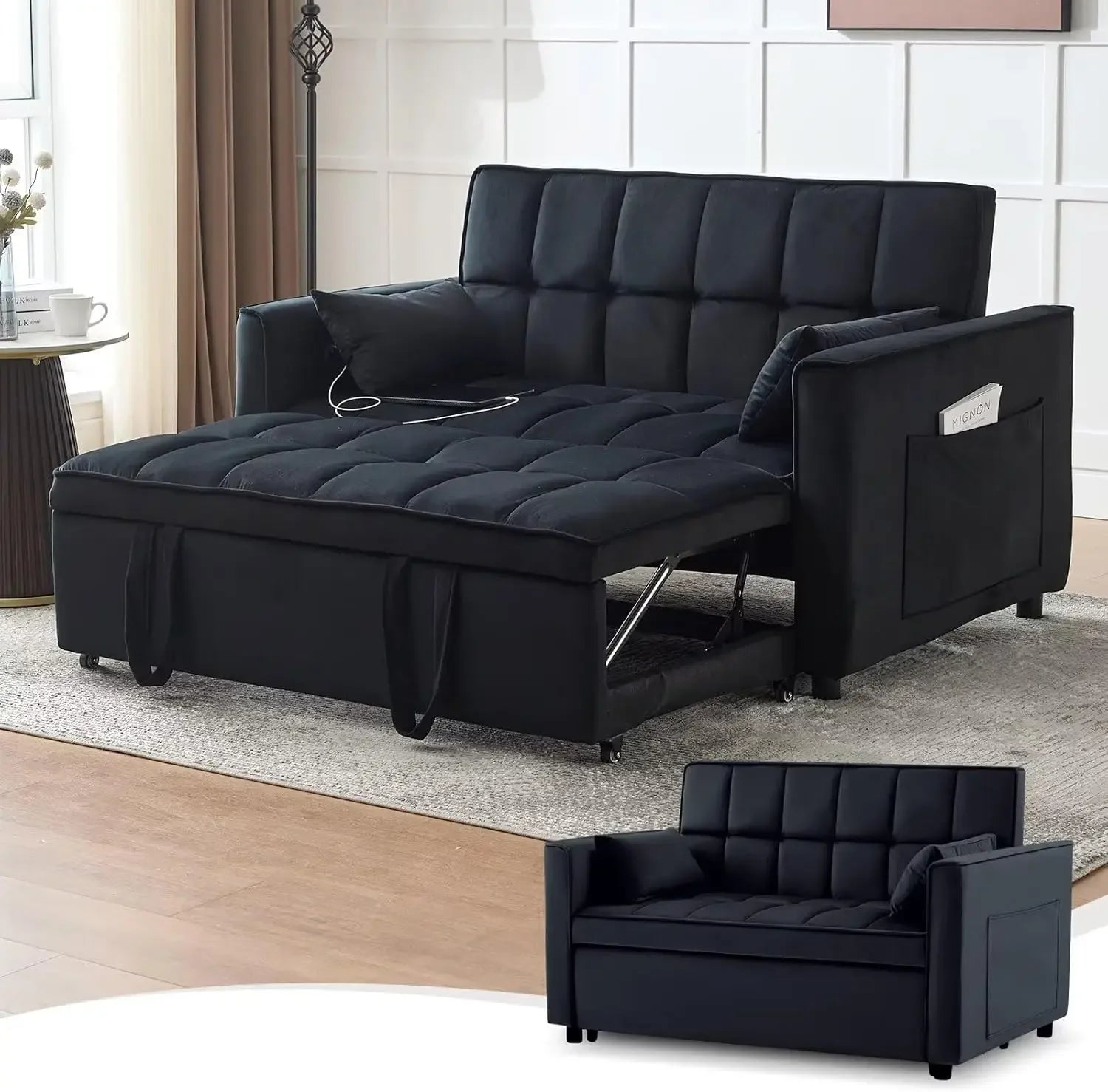 Modern 3 - in - 1 Velvet Sleeper Sofa - USB, Adjustable, Loveseat - Bakesbyemily.com