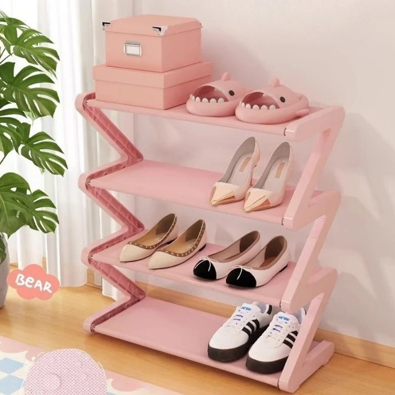 Pink 4 Tier Z Shaped Shoe Rack Floor Mounted Storage Shelf for Living Room Bedroom Multi Layer Assembly Shoe Rack Organizer - Bakesbyemily.com