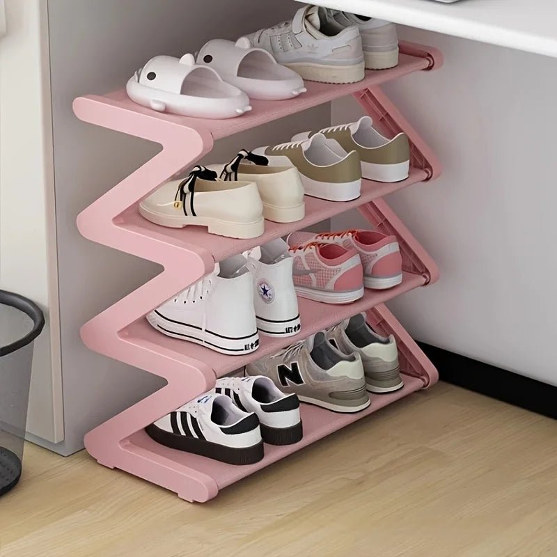 Pink 4 Tier Z Shaped Shoe Rack Floor Mounted Storage Shelf for Living Room Bedroom Multi Layer Assembly Shoe Rack Organizer - Bakesbyemily.com