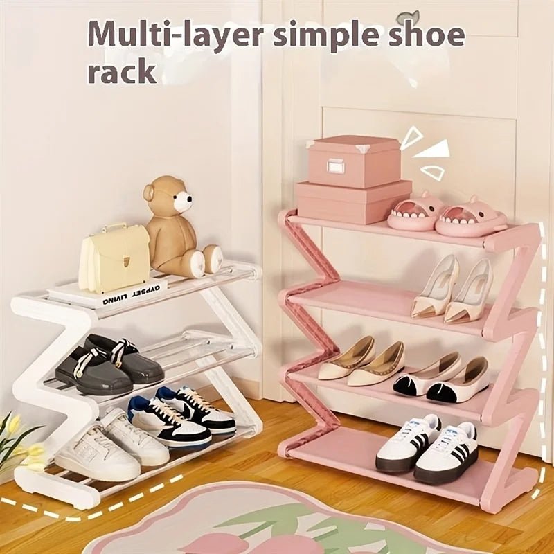 Pink 4 Tier Z Shaped Shoe Rack Floor Mounted Storage Shelf for Living Room Bedroom Multi Layer Assembly Shoe Rack Organizer - Bakesbyemily.com
