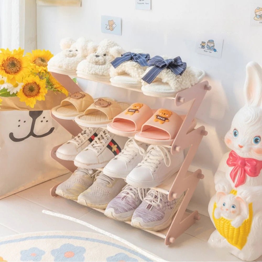 Pink 4 Tier Z Shaped Shoe Rack Floor Mounted Storage Shelf for Living Room Bedroom Multi Layer Assembly Shoe Rack Organizer - Bakesbyemily.com