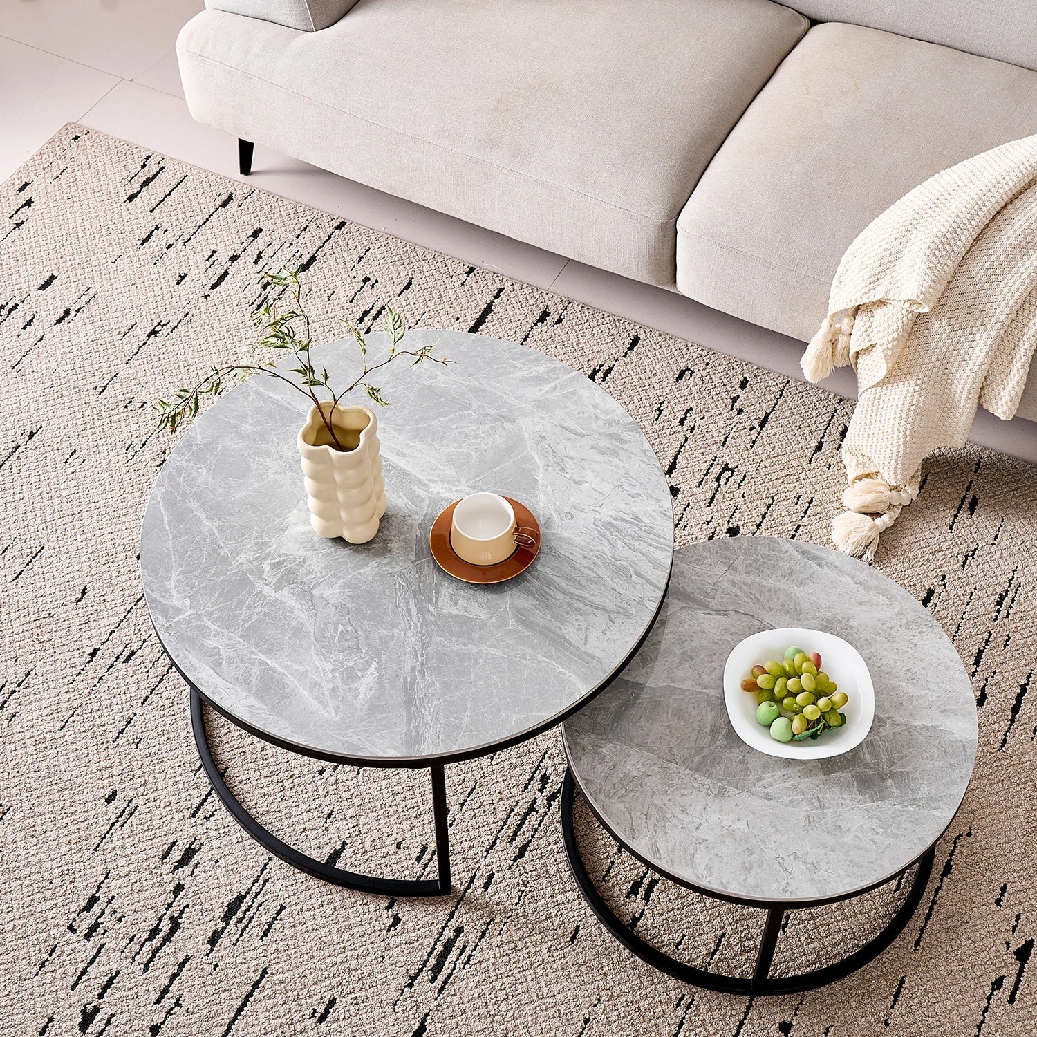 Set of 2 Modern Stylish Nesting Marble Round Coffee Table Set, Simple Metal Frame, Suitable for Living Room, Study Room, Bedroom - Bakesbyemily.com
