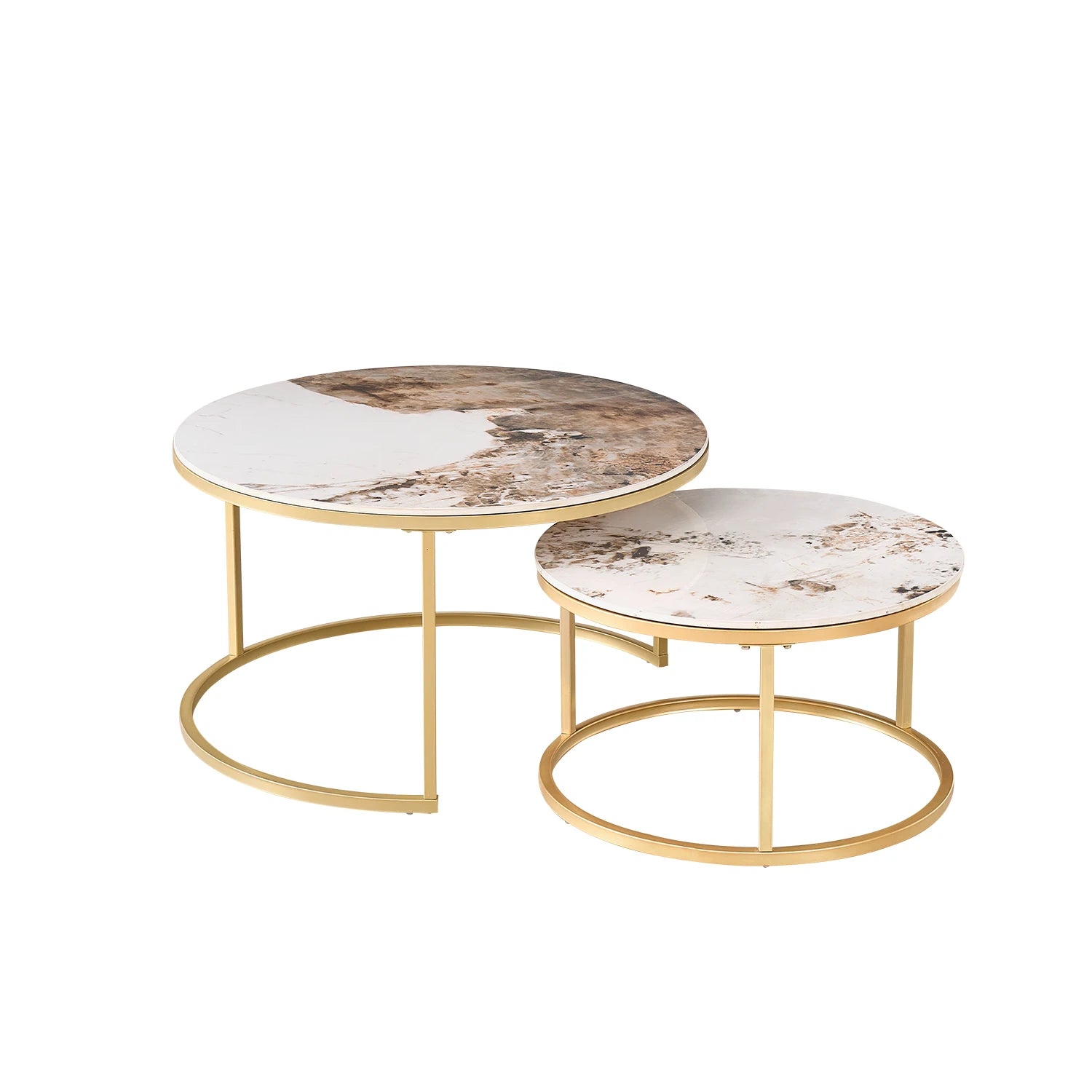 Set of 2 Modern Stylish Nesting Marble Round Coffee Table Set, Simple Metal Frame, Suitable for Living Room, Study Room, Bedroom - Bakesbyemily.com