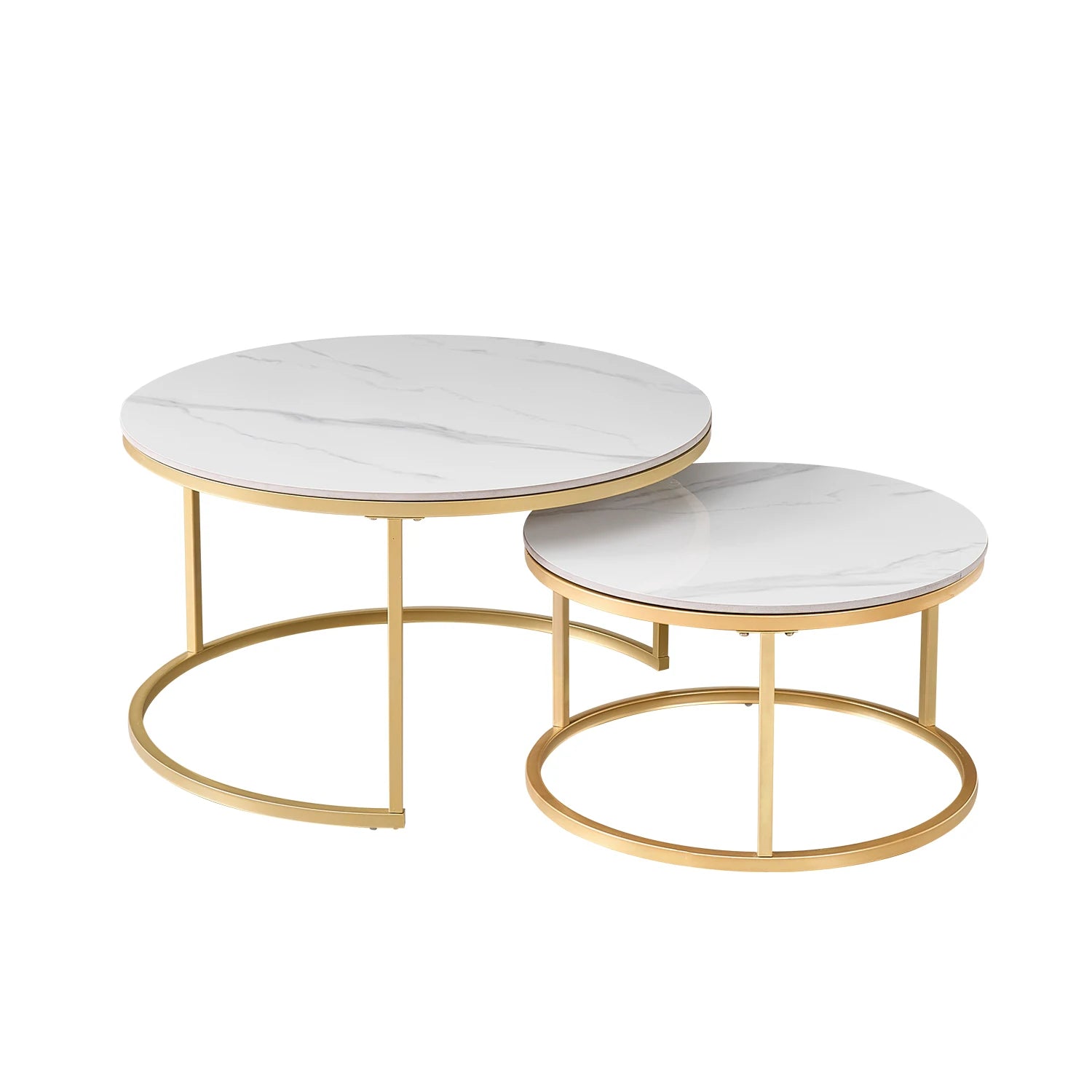 Set of 2 Modern Stylish Nesting Marble Round Coffee Table Set, Simple Metal Frame, Suitable for Living Room, Study Room, Bedroom - Bakesbyemily.com