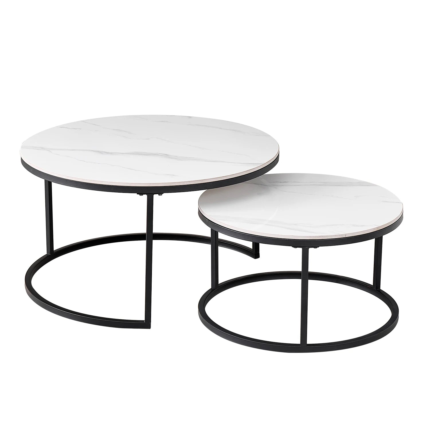 Set of 2 Modern Stylish Nesting Marble Round Coffee Table Set, Simple Metal Frame, Suitable for Living Room, Study Room, Bedroom - Bakesbyemily.com