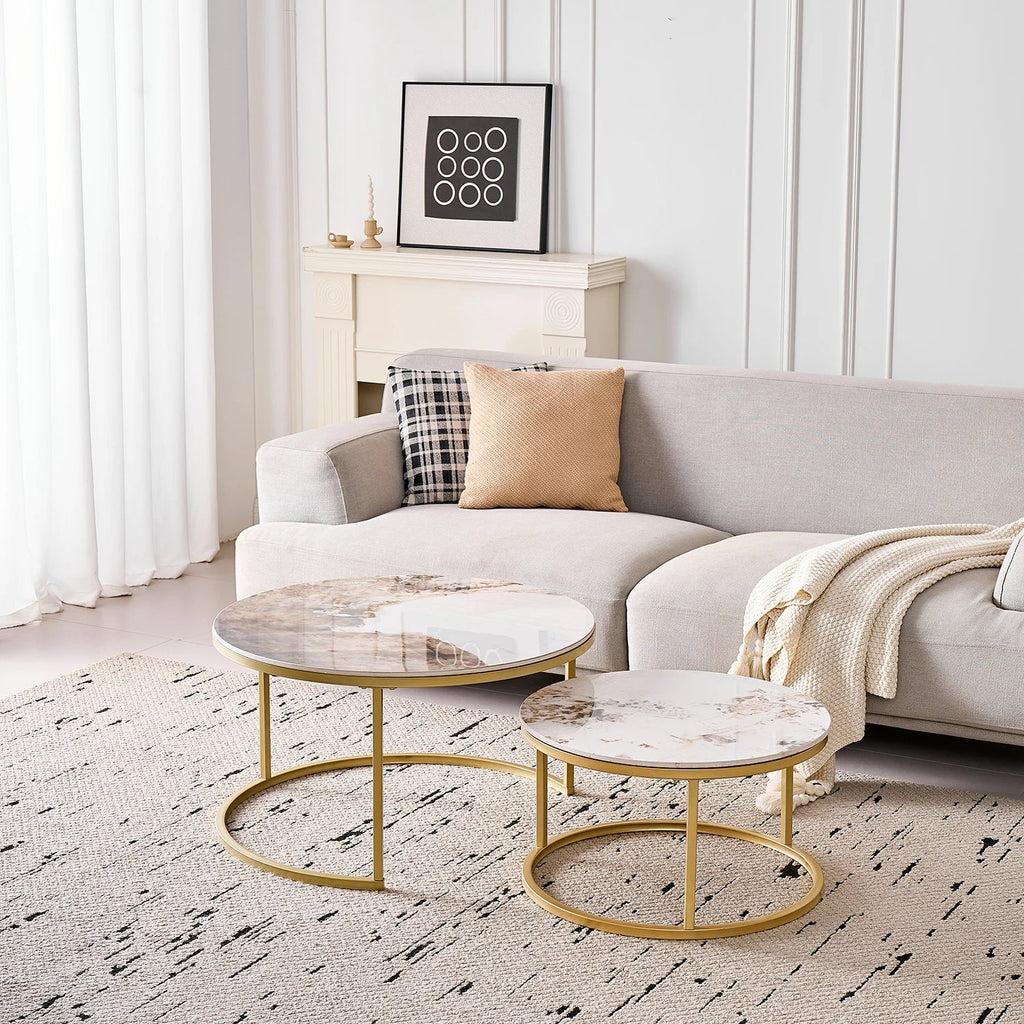 Set of 2 Modern Stylish Nesting Marble Round Coffee Table Set, Simple Metal Frame, Suitable for Living Room, Study Room, Bedroom - Bakesbyemily.com