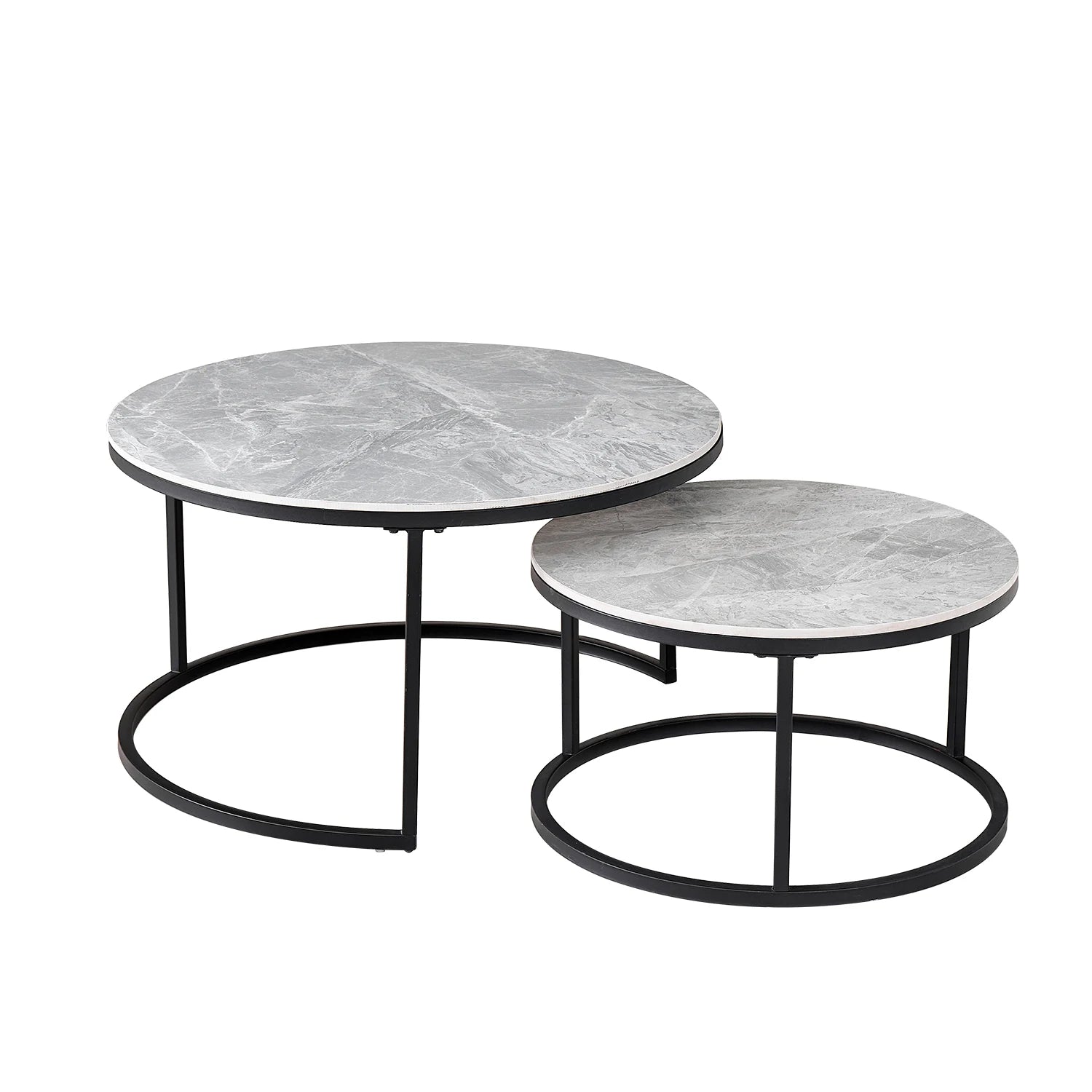 Set of 2 Modern Stylish Nesting Marble Round Coffee Table Set, Simple Metal Frame, Suitable for Living Room, Study Room, Bedroom - Bakesbyemily.com