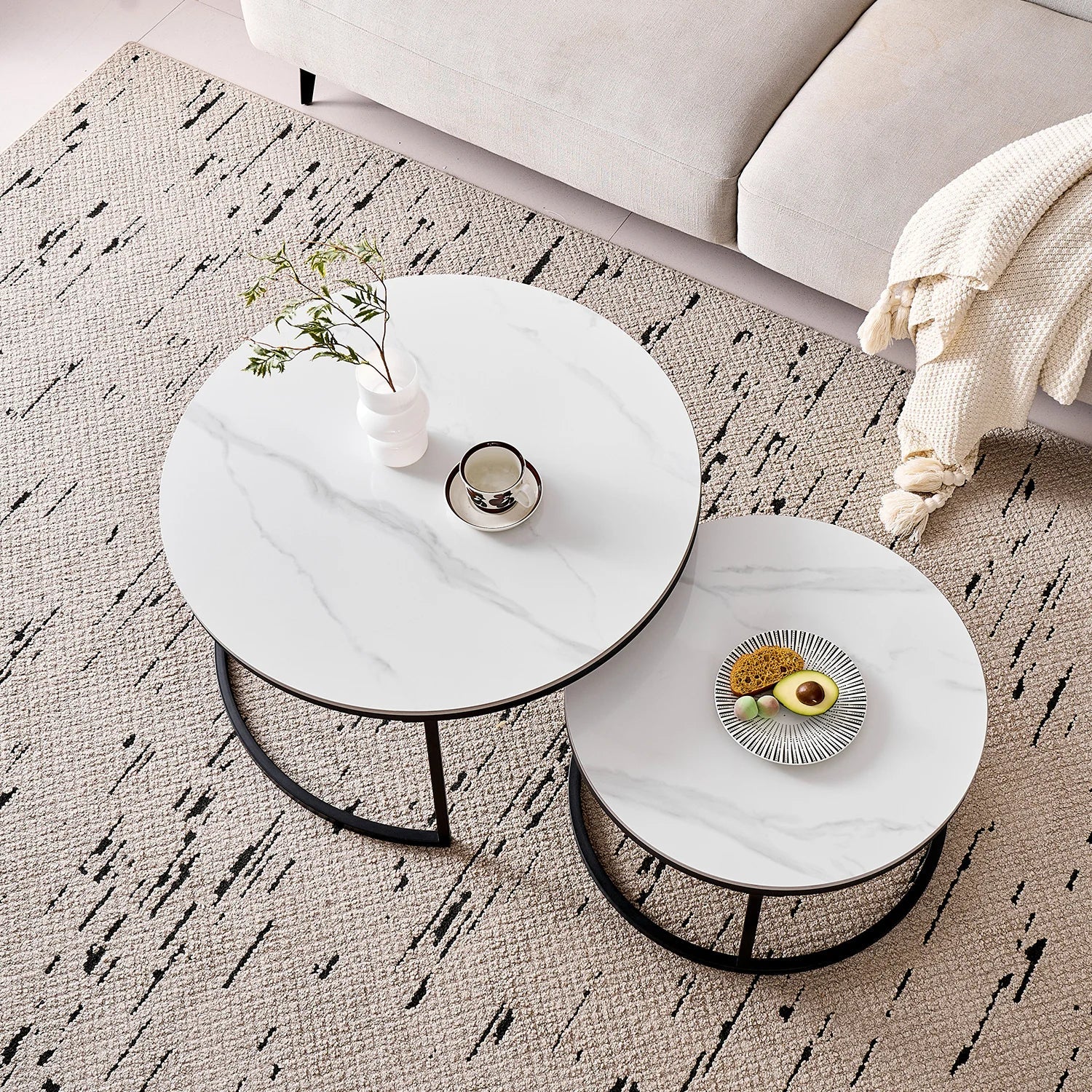 Set of 2 Modern Stylish Nesting Marble Round Coffee Table Set, Simple Metal Frame, Suitable for Living Room, Study Room, Bedroom - Bakesbyemily.com