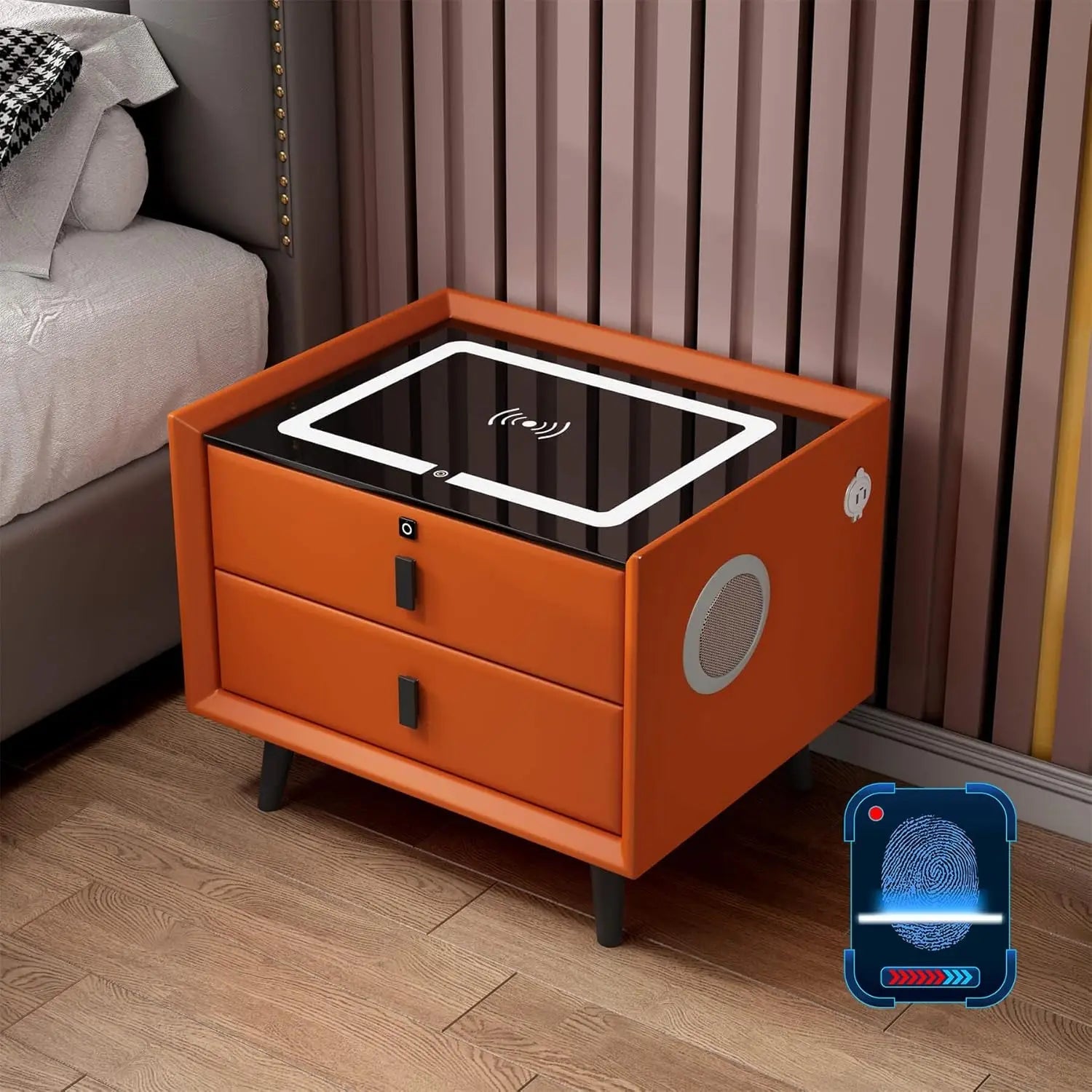 Smart Bedroom Nightstand with Fingerprint Lock and Adjustable LED Lights,Modern Bedside Cupboard with USB and Type - C Port - Bakesbyemily.com