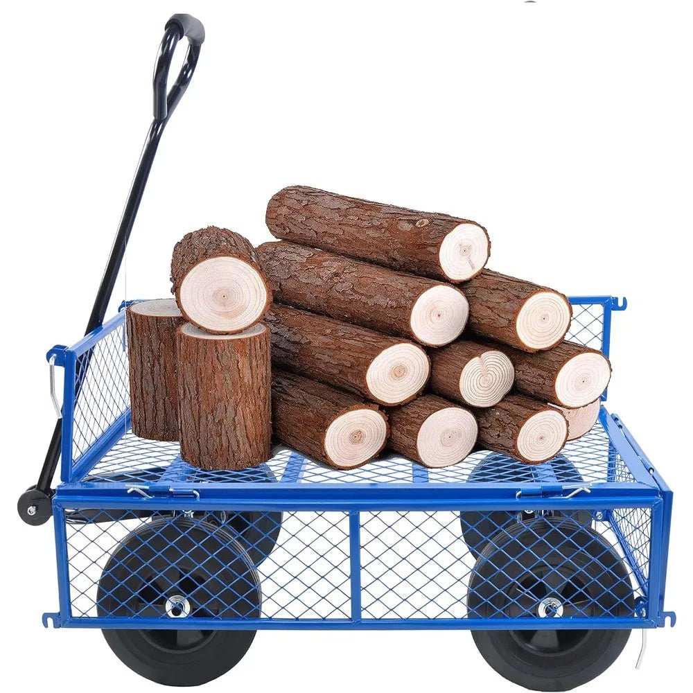 Solid Wheels 10" Flat Free Tires Steel Garden Wagon cart A Large - Capacity mesh with a Load of 1100LBS,with Detachable Side and n - Recipeliebe.com