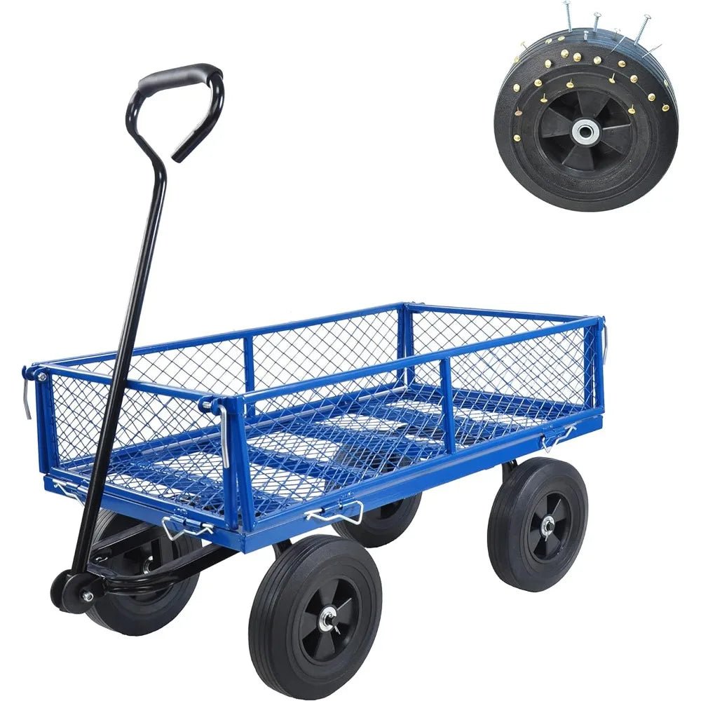 Solid Wheels 10" Flat Free Tires Steel Garden Wagon cart A Large - Capacity mesh with a Load of 1100LBS,with Detachable Side and n - Recipeliebe.com