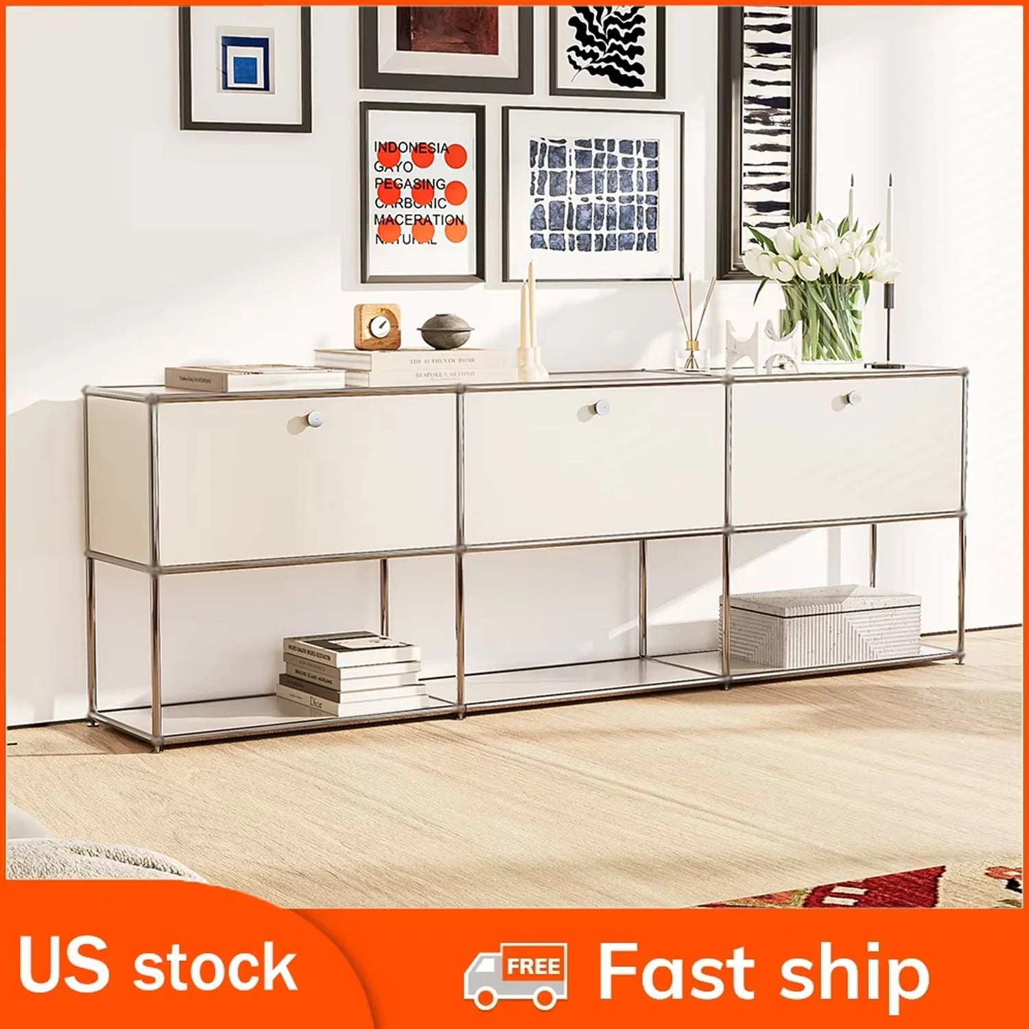 Storage Cabinet Storage Shelf Stainless Steel Metal Board Living Room Cabinet Sideboard Cabinet Modular Furniture - No Keys - Recipeliebe.com