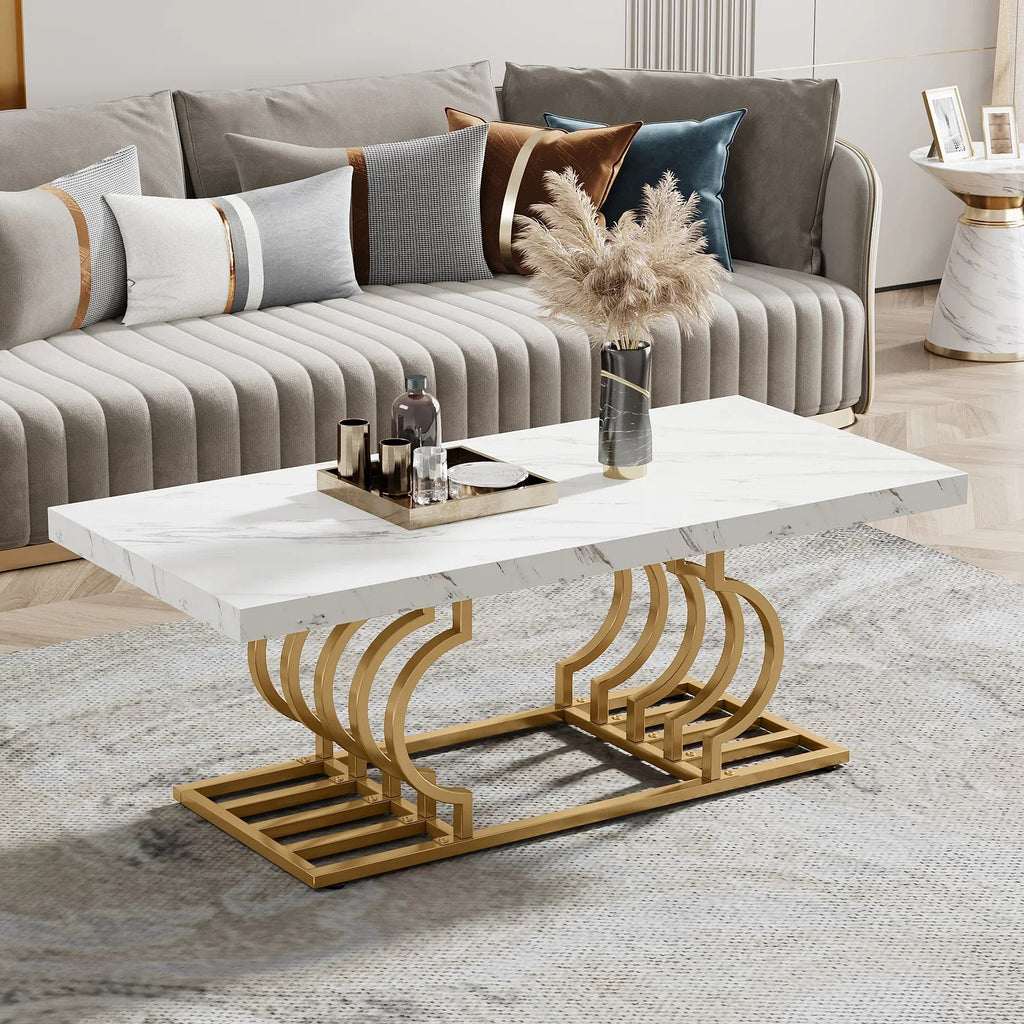 Tribesigns Coffee Table 47 inches Faux Marble Cocktail Table with Geometric Frame - Recipeliebe.com