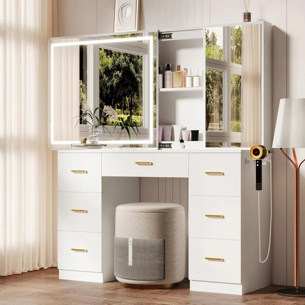 Vanity Desk with Lighted Mirror and Charging Station&Glass Tabletop, Sliding Mirror Makeup Vanity Table, Dressing Table - Recipeliebe.com