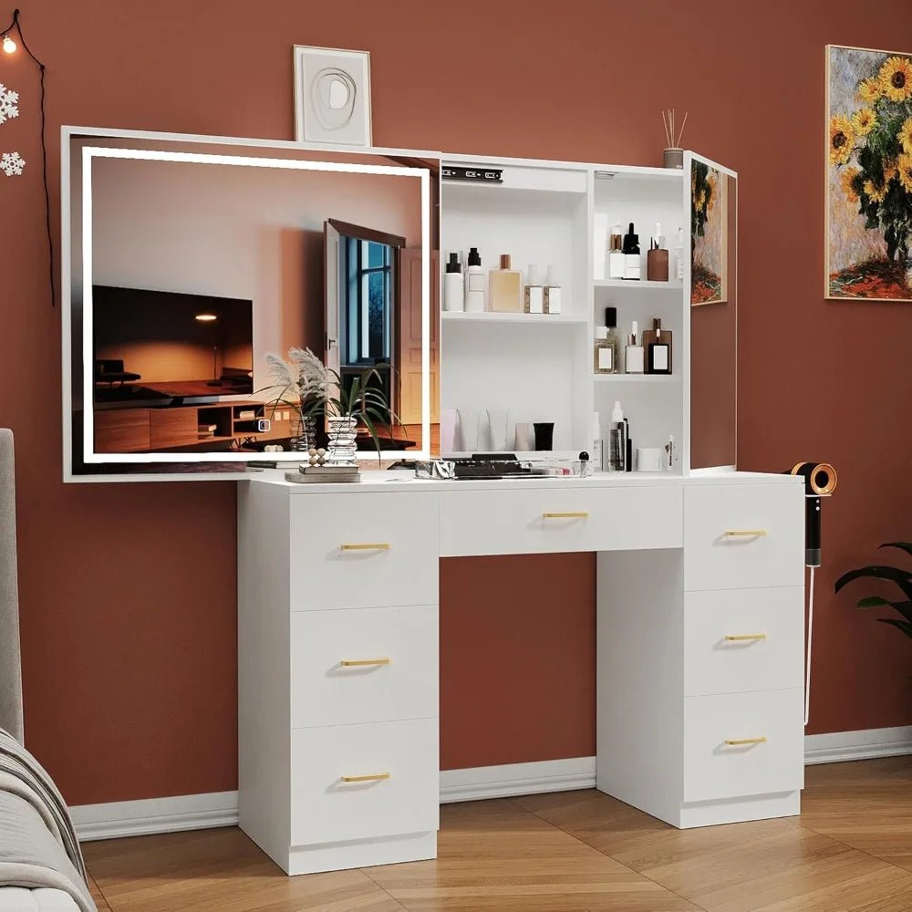 Vanity Desk with Lighted Mirror and Charging Station&Glass Tabletop, Sliding Mirror Makeup Vanity Table, Dressing Table - Recipeliebe.com