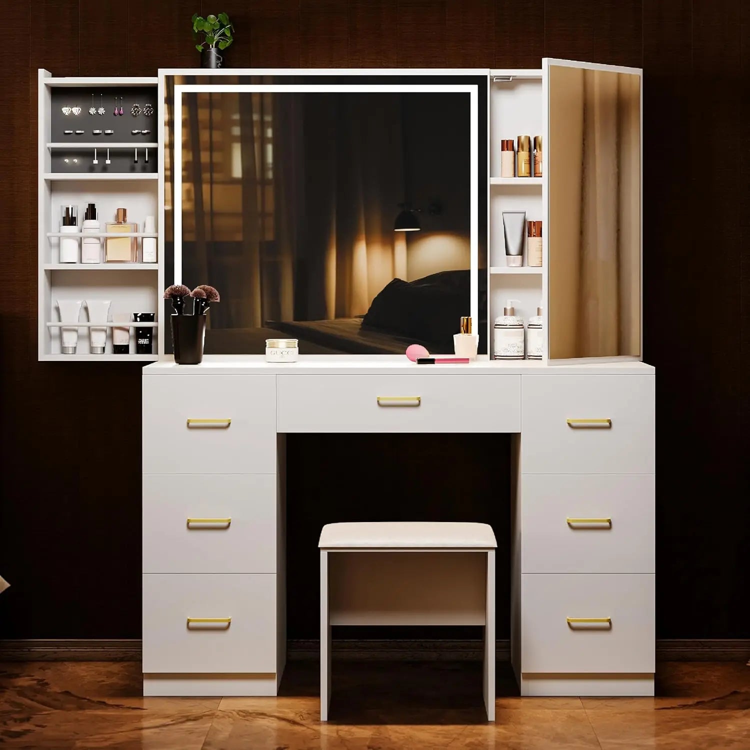 Vanity Desk with Lighted Mirror and Charging Station&Glass Tabletop, Sliding Mirror Makeup Vanity Table, Dressing Table - Recipeliebe.com