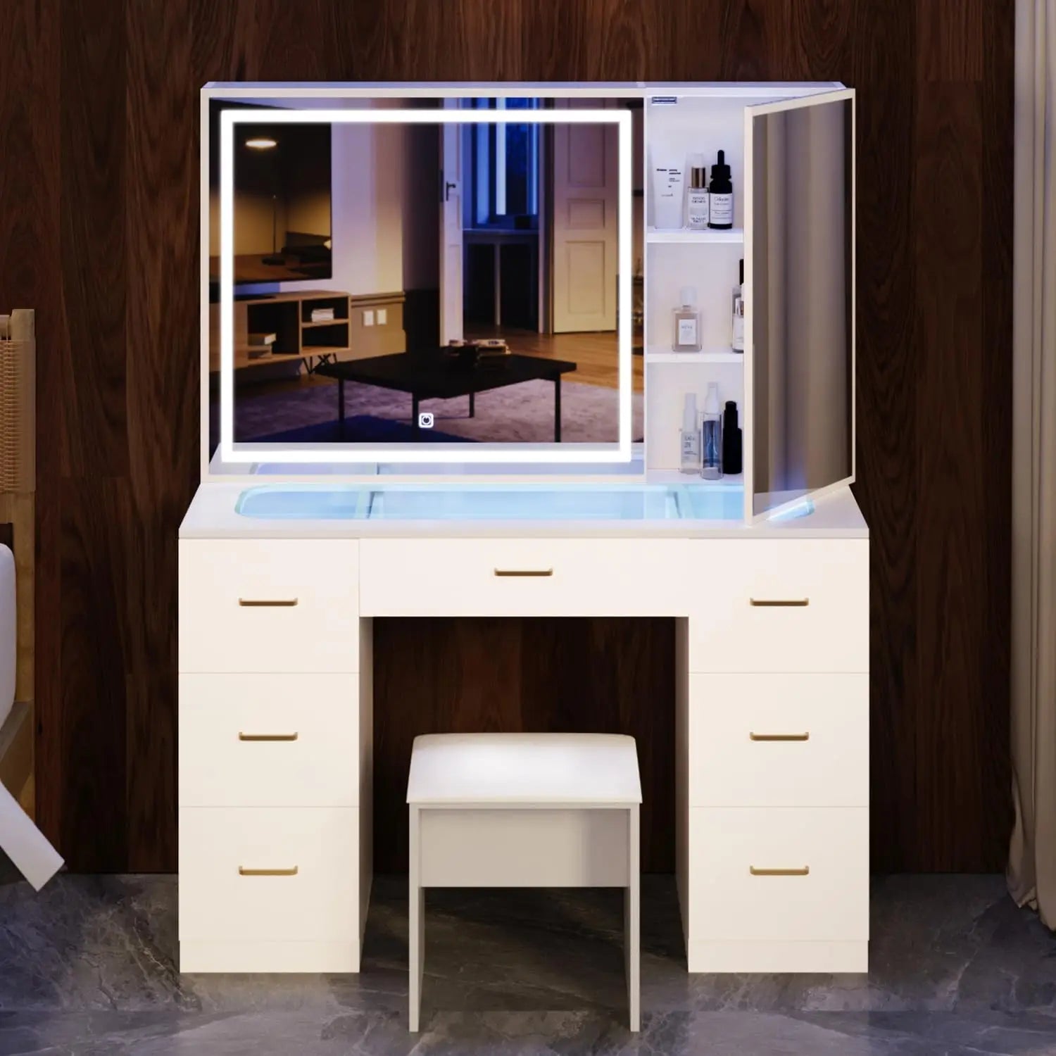 Vanity Desk with Lighted Mirror and Charging Station&Glass Tabletop, Sliding Mirror Makeup Vanity Table, Dressing Table - Recipeliebe.com