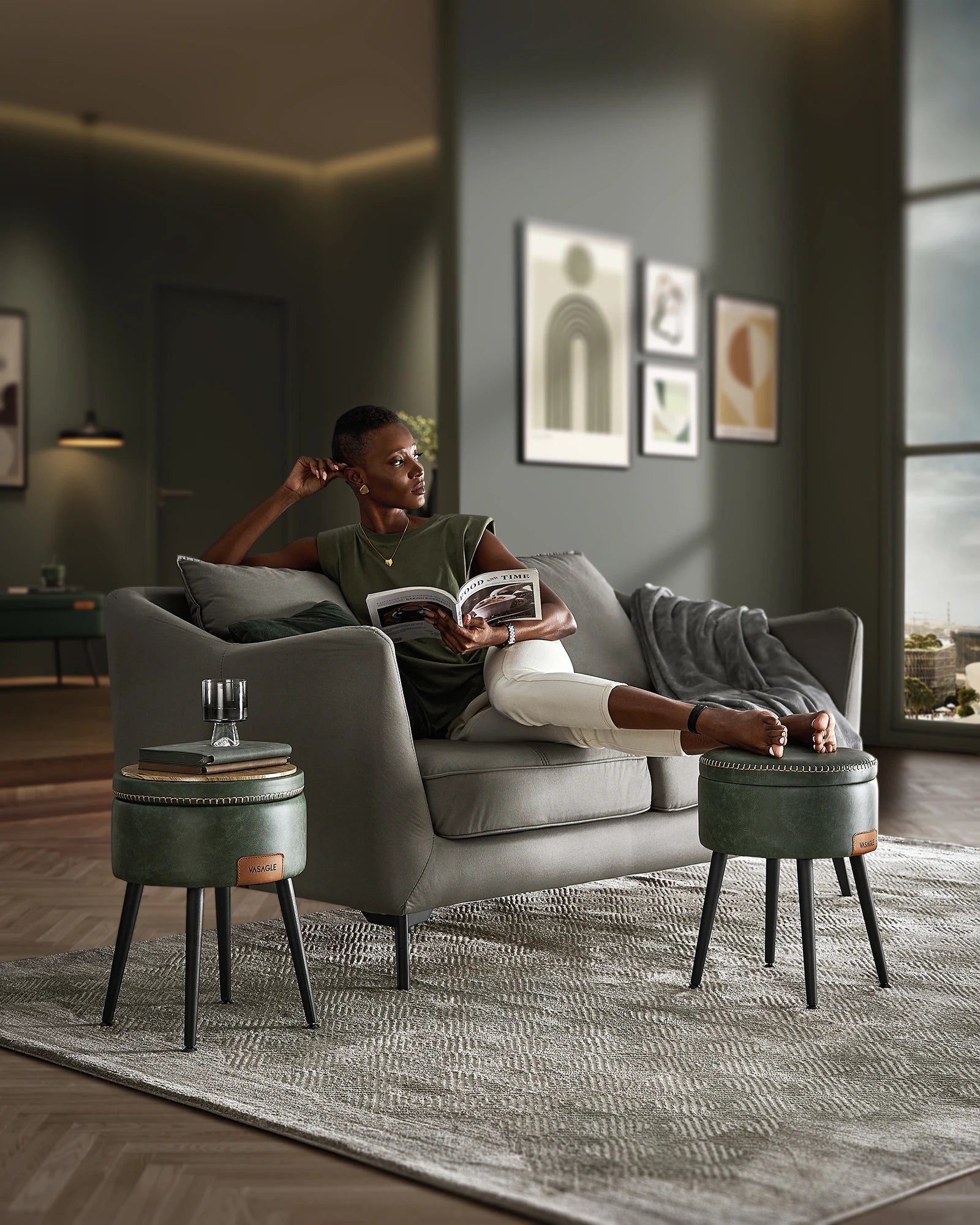 VASAGLE EKHO Collection - Storage Ottoman, Dressing Table Stool, Synthetic Leather with Stitching and steel Legs, Loads 150 - Bakesbyemily.com