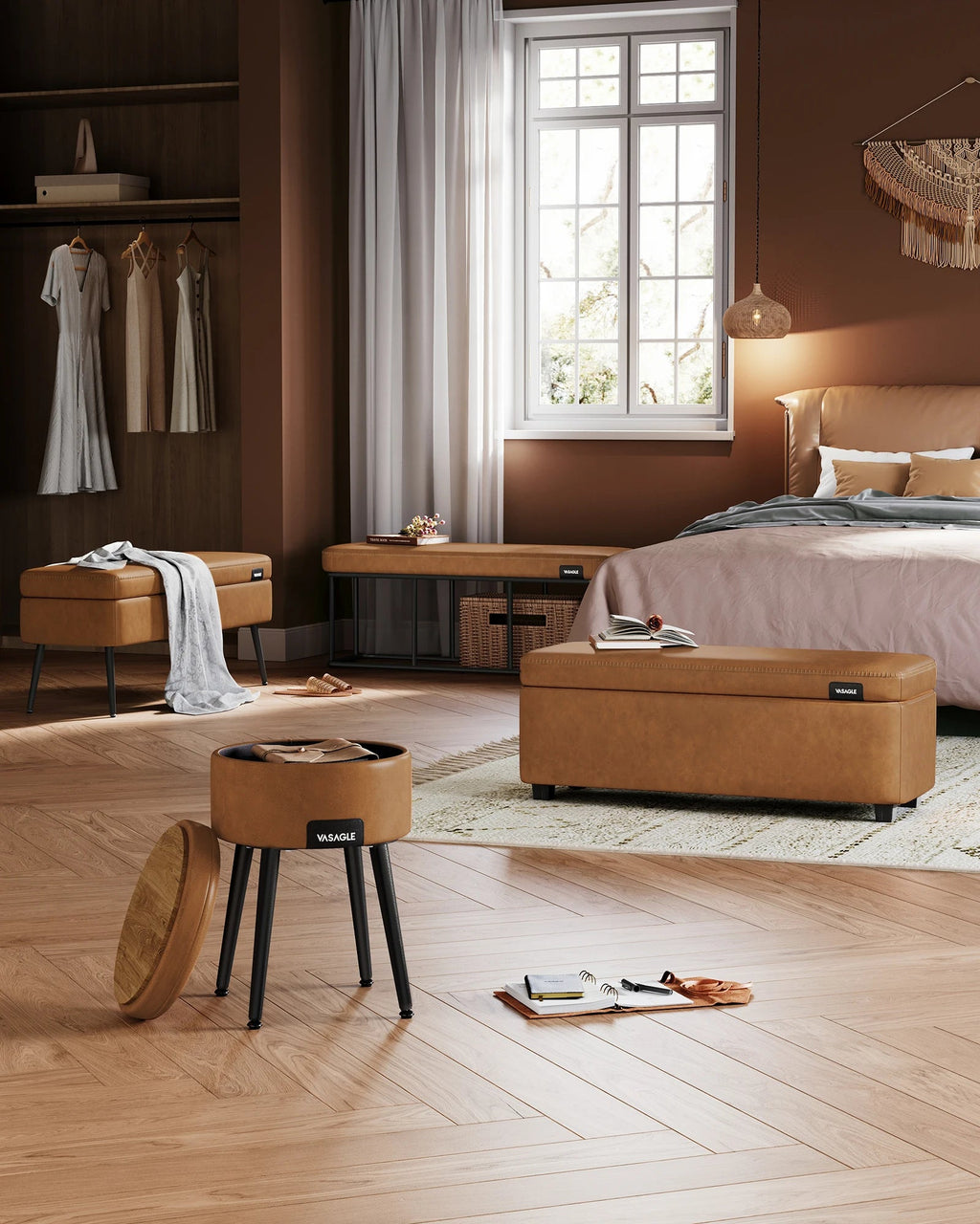 VASAGLE EKHO Collection - Storage Ottoman, Dressing Table Stool, Synthetic Leather with Stitching and steel Legs, Loads 150 - Bakesbyemily.com