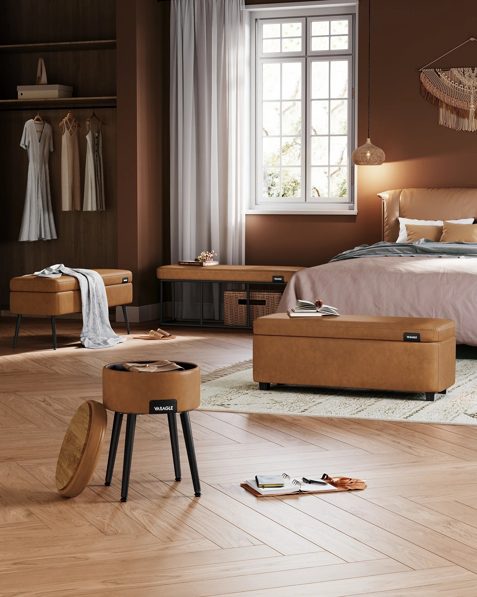 VASAGLE EKHO Collection - Storage Ottoman, Dressing Table Stool, Synthetic Leather with Stitching and steel Legs, Loads 150 - Bakesbyemily.com